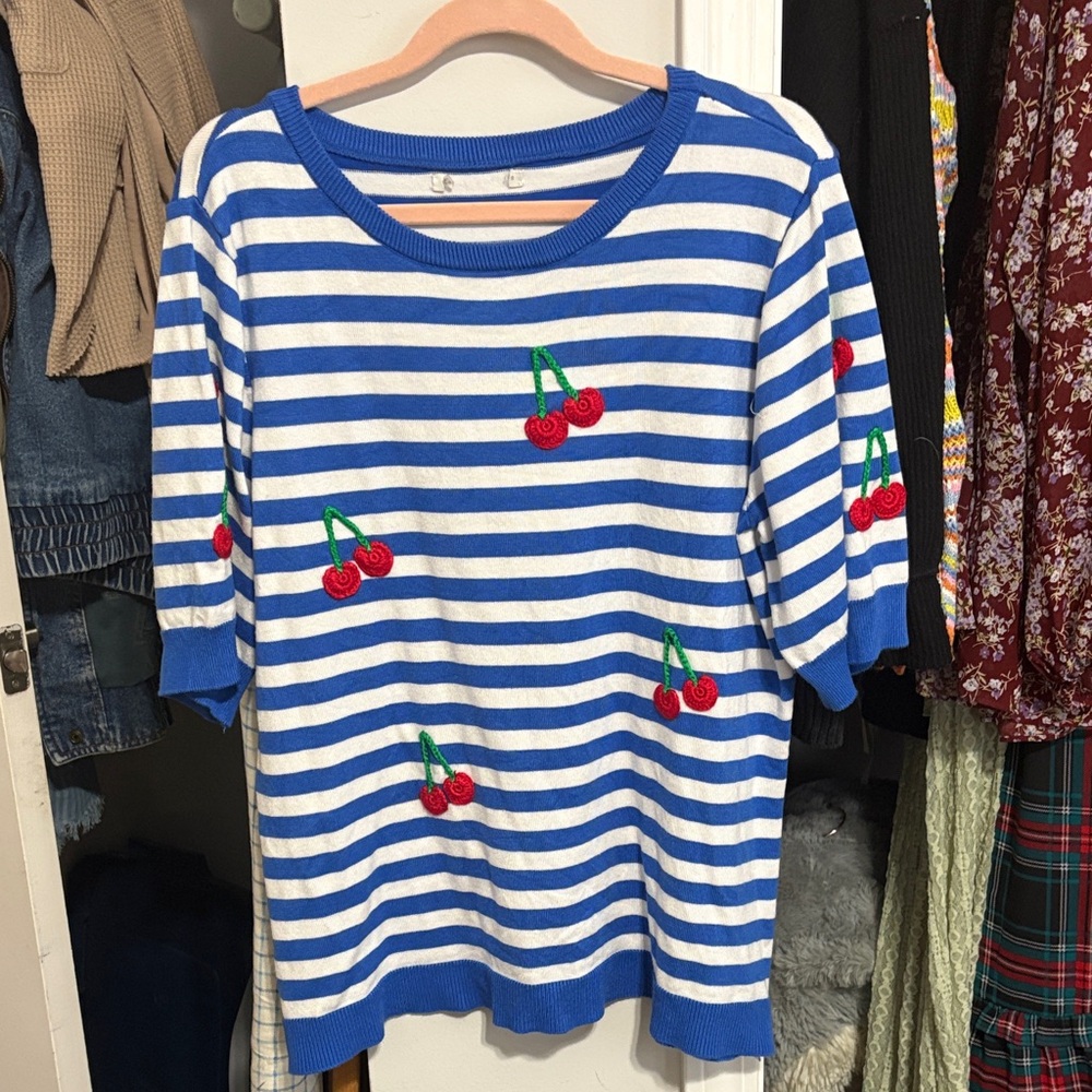 Cato Striped Blouse with Cherry Embroidery